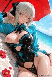 ) 1girl ai_generated beach beach_umbrella black_bow black_one-piece_swimsuit blue_eyes blue_sky blush bow braid breasts casual_one-piece_swimsuit cleavage closed_mouth day dutch_angle fate/grand_order fate_(series) flower french_braid frilled_one-piece_swimsuit grey_hair hair_bow highleg highleg_swimsuit kermixx large_breasts long_hair long_sleeves looking_at_viewer lying morgan_le_fay_(fate) nipples ocean on_side one-piece_swimsuit one_breast_out one_eye_closed outdoors patreon_username ponytail shore shrug_(clothing) sidelocks sky smile solo sun swimsuit thighs umbrella very_long_hair water wet