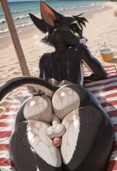 ai_generated annoyed anthro balls beach big_ass butt butt_focus cat_ears cat_tail embarrassed furry furry_male lackadaisy looking_at_viewer looking_back lying lying_on_back lying_on_stomach mordecai_heller mqfad naked nude small_penis thick_ass thick_thighs wide_hips