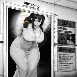 1girls 2026 ai_generated arms_behind_back big_breasts black_hair blushing child_bearing_hips cleavage dialogue dress el_memc female female_only horny horny_female huge_breasts imminent_sex memch0 milf mommy mother oc original original_character scp_foundation soledad_(memch0) text thick_thighs thunder_thighs tight_clothing tight_dress yellow_eyes