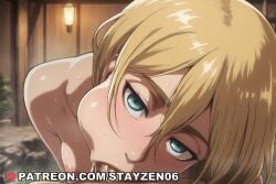 1boy 1girl :>= ai ai_art ai_generated bath blonde_hair blue_eyes blush breasts censored cheek_bulge completely_nude deepthroat fellatio hair_between_eyes head_tilt hetero krista_lenz lantern looking_at_viewer medium_breasts mixed-sex_bathing mosaic_censoring nipples nude onsen oral partially_submerged penis pov pov_crotch saliva shared_bathing shingeki_no_kyojin short_hair small_breasts solo_focus steam sweat water wet