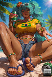 1girls ai_generated anklet aqua_hair beach bikini bikini_under_clothes blue_shorts bracelet brazilian_miku breasts can crop_top cutoffs dark-skinned_female dark_skin day denim denim_shorts drink_can earrings eyewear_on_head feet flip-flops green_eyes green_nails hair_ornament hatsune_miku holding holding_can jewelry large_breasts legs lips long_hair looking_at_viewer midriff nail_polish navel open_fly outdoors palm_tree philon sand sandals scrunchie shirt short_shorts shorts sitting sky smile soda_can solo stable_diffusion sunglasses sweat swimsuit tan tanlines toenail_polish toenails toes tree twintails v wet