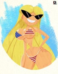 american_flag_bikini beach big_breasts bikini bimbo blonde_hair blue_background deemlyart hand_on_hip hi_res knick_knack pixar smile sunny_miami tagme