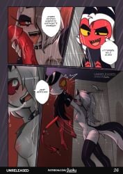 a_night_with_loona a_night_with_loona_3 big_ass big_balls big_breasts big_butt big_penis blush comic comic_page demon demon_boy fellatio gray_hair gray_skin helluva_boss jizoku long_hair loona_(helluva_boss) moxxie_(helluva_boss) naked naked_female naked_male nude nude_female nude_male red_skin sex spanish spanish_commentary spanish_dialogue spanish_text uncensored wolf wolf_girl