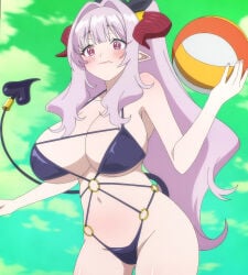 1girls bikini blush breasts cleavage hips holding_object horns huge_breasts kanan-sama_wa_akumade_choroi large_breasts lillum_(kanan-sama) micro_bikini milf navel pink_hair pointy_ears red_eyes screencap stitched tail thighs
