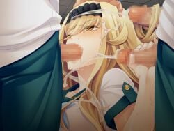 1girl 3boys black_hairband blonde_hair blush censored cum cum_in_mouth cum_on_body cum_on_clothes cum_on_hair ejaculation eyes_visible_through_hair facial fellatio game_asset gangbang green_pants group_sex hair_between_eyes hairband hairjob hand_on_another's_head handjob head_grab hetero linaria_fairhyde long_hair mahou_shoujo_lucifer_ouka mosaic_censoring multiple_boys nobushito non-web_source official_art oral pants penis sailor_collar school_uniform self-datamine shirt short_sleeves solo_focus variant_set visual_novel_cg white_shirt yellow_eyes