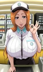 1girls ai_generated big_boobs big_breasts bleach bleach:_the_thousand-year_blood_war brown_eyes curvy curvy_body curvy_female curvy_figure huge_breasts inoue_orihime kyoru189 large_breasts light-skinned_female light_skin looking_at_viewer mature_female ok_sign orange_hair shiny shiny_skin solo solo_female tongue tongue_out
