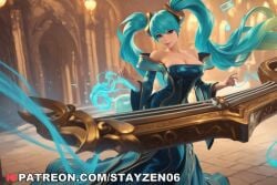 1girl ai ai_art ai_generated alternate_costume aqua_eyes aqua_hair bare_shoulders beamed_eighth_notes blue_dress blue_eyes blue_hair breasts cleavage collarbone dress eighth_note gradient_hair hair_between_eyes hair_ornament indoors instrument large_breasts league_of_legends lips long_dress long_hair looking_at_viewer low_neckline multicolored_hair music musical_note off-shoulder_dress sixteenth_note smile solo sona_(league_of_legends) treble_clef twintails very_long_hair wide_sleeves