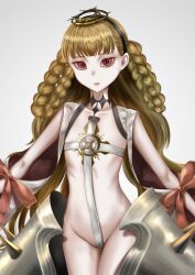 blonde_hair closed_mouth looking_at_viewer open_eyes red_eyes semi_nude