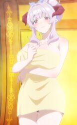 1girls blush breasts cleavage hips horns huge_breasts kanan-sama_wa_akumade_choroi large_breasts lillum_(kanan-sama) milf pink_hair pointy_ears red_eyes screencap stitched thick_thighs thighs wide_hips
