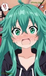 1girl black_hoodie blush close-up date_a_live dulcenekoemilia green_eyes green_hair hooded_sweater hoodie izayoi_miku kyouno_natsumi long_hair looking_at_viewer open_mouth oversized_hoodie portrait shocked solo surprised sweat sweatdrop wide-eyed