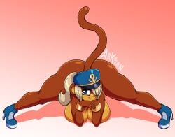 admiral_brickell anthro arkanman big_ass big_breasts bimbo blonde_hair bloons_tower_defense brown_fur hat high_heeled_sneakers high_heels jack-o_pose monkey ninja_kiwi nude_female primate sneakers_only splits spread_legs tail