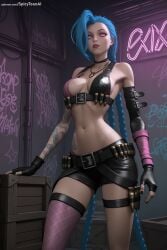 1girl ai_generated bandolier bangs bare_shoulders belt belt_buckle black_gloves blue_hair braid breasts bullet character_name fingerless_gloves gloves hi_res high_quality high_resolution jinx_(league_of_legends) league_of_legends long_hair looking_at_viewer mismatched_gloves navel necklace patreon pink_eyes seductive sexy short_shorts shorts single_thighhigh solo spicytoonai standing tattoo thigh_strap thighhighs uncensored very_long_hair watermark weapon