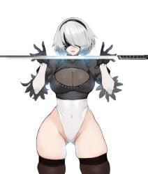 1girls bobobong cleavage labia large_breasts leotard nier:_automata short_hair solo sword white_hair yorha_2b