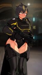1girls 3d armor dark-skinned_female dark_skin embarrassed female female_focus female_only female_soldier helldivers helldivers_2 looking_at_viewer military military_uniform short_hair soldier tan_body tanned tomboy valiance wardrobe_malfunction wide_hips