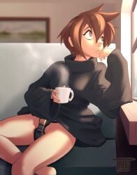 1girls black_sweater black_turtleneck brown_eyes brown_hair casual casual_nudity chastity chastity_belt chastity_device couch cup eyebrows eyebrows_visible_through_hair eyes_wide_open female female_chastity female_focus female_only hair hand_on_chin hand_on_head leaning leaning_on_elbow looking_away looking_up original_character painting_(object) short_hair sofa solo solo_female steam sweater tang thinking turtleneck window