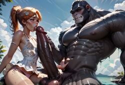 ai_generated big_penis blowjob cock_worship daddy_and_twink femboy gorilla hungward muscular_male penis_bigger_than_torso ponytail sissy size_difference trap yaoi