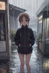 1girls ai_generated bare_legs bottomless female flood long_sleeves naked_track_jacket pantless ponytail rain saki_achiga-hen takakamo_shizuno track_jacket