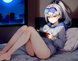 1girls ai_generated aimoonshine ass bare_legs barefoot bed black_panties crossed_bangs eyewear_on_head female female_only grey_eyes grey_hair grey_hoodie hair_between_eyes hair_ribbon handheld_game_console holding holding_handheld_game_console honkai:_star_rail honkai_(series) hood hoodie indoors legs long_hair long_sleeves mihoyo moon night nintendo_switch on_bed panties parted_lips pillow ponytail silver_wolf_(honkai:_star_rail) sitting solo sunglasses thighs underwear window