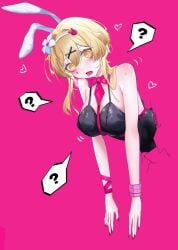 1girls blonde_hair bunny_ears bunny_girl bunnysuit flower_in_hair heart hypnotic_eyes long_arms long_nails lumine_(genshin_impact) nails open_eyes open_mouth pink_background question_mark sweat sweatdrop unosaki2 wall wall_(structure)