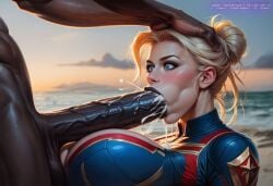 ai_generated beach big_penis blowjob captain_marvel carol_danvers cum_in_mouth dark-skinned_male ejaculation hungward interracial marvel