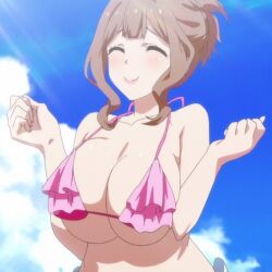 anime bangs bare_shoulders bikini bikini_top breasts_pressed_together brown_hair closed_eyes curvy curvy_female eyes_closed female female_focus female_only frilled_bikini huge_breasts kaneko_hiraku kazami_torino micro_bikini pink_bikini pink_swimsuit revealing_swimsuit screencap screenshot short_hair sky_background smile smiling swimsuit underboob upper_body valkyrie_drive valkyrie_drive_-mermaid-