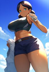 1girls ai_generated akira_(pixiv_63815367) belly breasts coat dark-skinned_female dark_hair dark_skin exposed_stomach female female_focus female_only green_eyes gundam hair_bun hair_buns holding_coat indian indian_female lalah_sune legs looking_at_viewer mobile_suit_gundam navel outdoors shorts sports_bra sports_uniform stomach thick_legs thighs water_bottle working_out