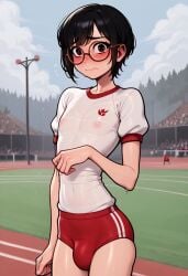 ai_generated black_hair bloomers blush bulge bulge_through_clothing femboy glasses gym_uniform male male_only nervous nipples noredeemingvalue outside see-through sweat