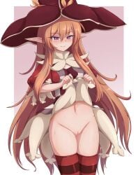 amazatou blush closed_mouth female hair_between_eyes hat highres knights_in_the_nightmare lifted_by_self long_hair navel orange_hair pink_eyes pointy_ears pussy red_thighhighs smile solo striped_clothes striped_thighhighs sweat thighhighs uncensored witch witch_(knights_in_the_nightmare) witch_hat