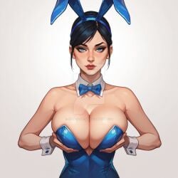adoptable-ai ai_generated asian asian_female big_breasts blue_clothing blue_eyes breast_grab breast_press breasts cleavage cleavage_cutout curvy dark_hair edenian freckles hand_on_breast kitana large_breasts lips lipstick looking_at_viewer massive_breasts mortal_kombat mortal_kombat_11 playboy_bunny princess rabbit_ears royalty short_hair showing_breasts watermark white_background