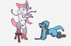 all_fours alternate_version_available ambiguous_gender anthro ball_gag bondage canine chastity chastity_cage chastity_device clothing collar duo eeveelution furry gag handcuffs harness hi_res leash looking_up male male/ambiguous male_chastity mammal navel nintendo pawpads pokemon riding_crop riolu shackles side_view skunket smirk step_pose stool sylveon thong video_games whip