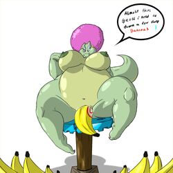 afro banana belly big_belly big_breasts breasts crocodile donkey_kong_(series) female food fruit highres huge_breasts inflation kalypso masturbation morbidly_obese nintendo pussy pussy_juice reptile scalie shinysteel solo spread_legs spreading thick_thighs video_games