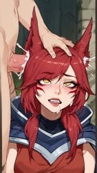 1boy 1girls ai_generated animal_ears brain_fuck cum_from_ear ear_fuck ear_penetration ear_sex furry grabbing_another's_head league_of_legends penis red_hair riot_games rolling_eyes vastaya xayah yellow_eyes