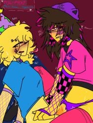 big_hair blue checkered fluffy_hair gloves infected_(regretevator) kywoahwoah multicolored_hair no_pants pink pink_and_black_hair poob_(regretevator) regretevator riding riding_tentacle ripped_panties scene skinny stockings sweat sweating tentacle tentacle_penetration toony yellow