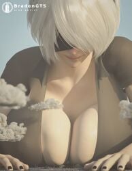 3d 3d_(artwork) android android_girl big_breasts bradengts breasts brown_hair city clothed clothed_female female giantess giga_giantess macro macro_futa nier nier:_automata nier_(series) robot robot_girl robot_humanoid short_hair white_background white_hair_female yorha_2b