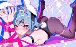 animal_ears ass bare_shoulders black_leotard blue_eyes blue_hair blush breasts detached_collar fake_animal_ears fake_tail female grin hair_ornament hairband hatsune_miku highleg highleg_leotard leotard looking_at_viewer lying medium_breasts on_stomach pantyhose playboy_bunny rabbit_ears rabbit_hole_(deco*27/caststation) rabbit_hole_(vocaloid) rabbit_tail ribbon rimuu smile solo tail twintails vocaloid x_hair_ornament