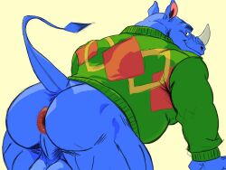 4:3 animal_crossing anthro anus ass balls big_balls blue_body blue_skin bottomless clothed clothing colored digital_media_(artwork) genitals green_clothing green_sweater green_topwear head_horn hi_res horn hornsby_(animal_crossing) looking_at_viewer looking_back male mammal mature_anthro mature_male musclegut muscular muscular_male mylesbear_(artist) nintendo pattern_clothing perineum presenting presenting_hindquarters puffy_anus raised_tail red_anus rhinoceros simple_background solo sweater sweater_only tail topwear topwear_only yellow_background