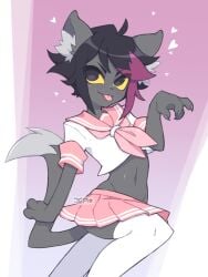 2022 anthro artist_name astolfo_(fate)_(cosplay) blep bottomwear claws clothed clothing cosplay crop_top crossdressing domestic_cat fate/grand_order fate_(series) felid feline felis femboy fur grey_body grey_fur heart_symbol hi_res inner_ear_fluff legwear male mammal midriff navel pink_bottomwear pink_clothing pink_skirt piper_(piperkittyy) pupils school_uniform shirt skirt slim solo sprayjea thick_thighs thigh_highs thighhighs tongue tongue_out topwear tuft uniform white_legwear white_thighhighs yellow_sclera