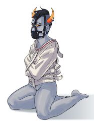 bare_legs barefoot bondage bottomless friendsim gag grey_skin hiveswap homestuck horns legs male mallek_adalov muzzle muzzle_gag solo_male straitjacket submissive_male wistfullinsomniac