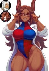 1girls ai_generated android_21 android_21_(human) big_breasts curvy curvy_figure dark-skinned_female dark_skin dragon_ball dragon_ball_xenoverse dragon_ball_z fangs female fusion fusion_character glasses krystalizedart lab_coat labcoat large_breasts miruko my_hero_academia rabbit_ears red_eyes solo solo_female solo_focus white_background