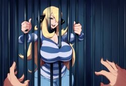 1boy ai_generated cynthia_(pokemon) female inviting jail large_breasts looking_at_viewer milf mullon novelai pokemon pokemon_dppt pov prison prisoner smile smiling_at_viewer