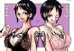 2girls babydoll black_hair border breast_tattoo breasts cleavage dual_persona earrings female female_only finger_tattoo genderswap_(mtf) hand_tattoo heart heart_print jewelry lace-trimmed_babydoll lace_trim looking_at_another multiple_girls namnam_op one_eye_closed one_piece red_nails rule_63 short_hair shoulder_tattoo smile tattoo teeth tongue tongue_out trafalgar_law yellow_eyes