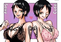 2girls babydoll black_hair border breast_tattoo breasts cleavage dual_persona earrings female female_only finger_tattoo genderswap_(mtf) hand_tattoo heart heart_print jewelry lace-trimmed_babydoll lace_trim looking_at_another multiple_girls namnam_op one_eye_closed one_piece red_nails rule_63 short_hair shoulder_tattoo smile tattoo teeth tongue tongue_out trafalgar_law trafalgar_law_(female) yellow_eyes