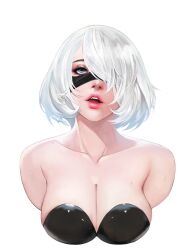 1girls blindfold_removed bobobong breasts bust cleavage hair_over_one_eye lips nier:_automata portrait realistic short_hair solo white_background white_hair yorha_2b