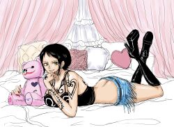 1girls arm_tattoo ass back back_tattoo bed bedroom belt black_footwear blue_skirt boots breast_tattoo breasts butt_crack cleavage denim denim_skirt donquixote_pirates_jolly_roger donquixote_rosinante earrings female female_only full_body genderswap_(mtf) heart heart-shaped_pillow indoors jewelry knee_boots large_breasts looking_at_viewer lying namnam_op on_stomach one_piece parted_lips pillow red_nails rule_63 short_hair shoulder_tattoo skirt solo stuffed_animal stuffed_toy tattoo teddy_bear thighs trafalgar_law trafalgar_law_(female) yellow_eyes
