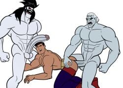 3boys anal ass bara clark_kent dc dc_comics gay grin happy_sex iyumiblue lobo_(dc) male male_only muscle size_difference solomon_grundy spitroast superman superman_(series) yaoi