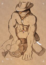 1boy 2016 abs anthro biceps canine cowboy cowboy_hat cum hat headgear hi_res male male_only mammal muscular muscular_male nude open_mouth pecs pencil_(artwork) penis plushie simple_background solo teddy_bear teeth tolbi traditional_media_(artwork) wolf