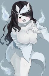 1girls 2d_(artwork) :3d black_hair blush blushing blushing_at_viewer cat_ears cat_face cat_tail catgirl covered_nipples cute cute_face domoshipette eyebrows eyelashes fingers focus ghost ghost_girl ghost_hands grey_background half_naked large_breasts long_hair medium_breasts mouth_open one_eye_closed one_finger_up simple_background smile smiling smooth_skin solo the_battle_cats vengeful_cat_(the_battle_cats) white_body white_skin