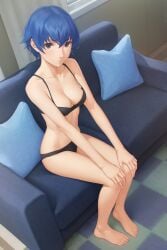1girls blue_eyes blue_hair bra breasts couch female female_focus female_only light-skinned_female light_skin looking_at_viewer looking_up looking_up_at_viewer megami_tensei miura_n315 persona persona_4 persona_4_the_golden shirogane_naoto short_hair sitting sitting_down solo solo_female solo_focus tomboy underwear video_game_character
