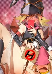absurdres black_hat black_shirt blonde_hair breasts censored chains duel_monster female gagaga_girl hat heart heart-shaped_pupils highres holding holding_phone masturbation medium_breasts medium_hair mosaic_censoring no_pants panties panties_around_one_leg phone pillow pink_eyes ro_g_(oowack) selfie shirt sleeveless sleeveless_shirt symbol-shaped_pupils underwear witch witch_hat yu-gi-oh!