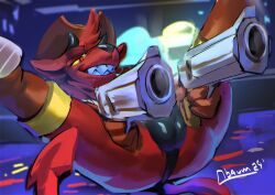 anthro bulge clothing cowboy_hat demon detailed_bulge filthy_frank firearm fur gremile_'hotshot' grin gun handgun hat headgear headwear hi_res horn imp kings_of_hell lying male obaum on_back pistol ranged_weapon red_body red_eyes red_fur revolver short_stack smile solo spade_tail spread_legs spreading tail thong underwear weapon yellow_sclera